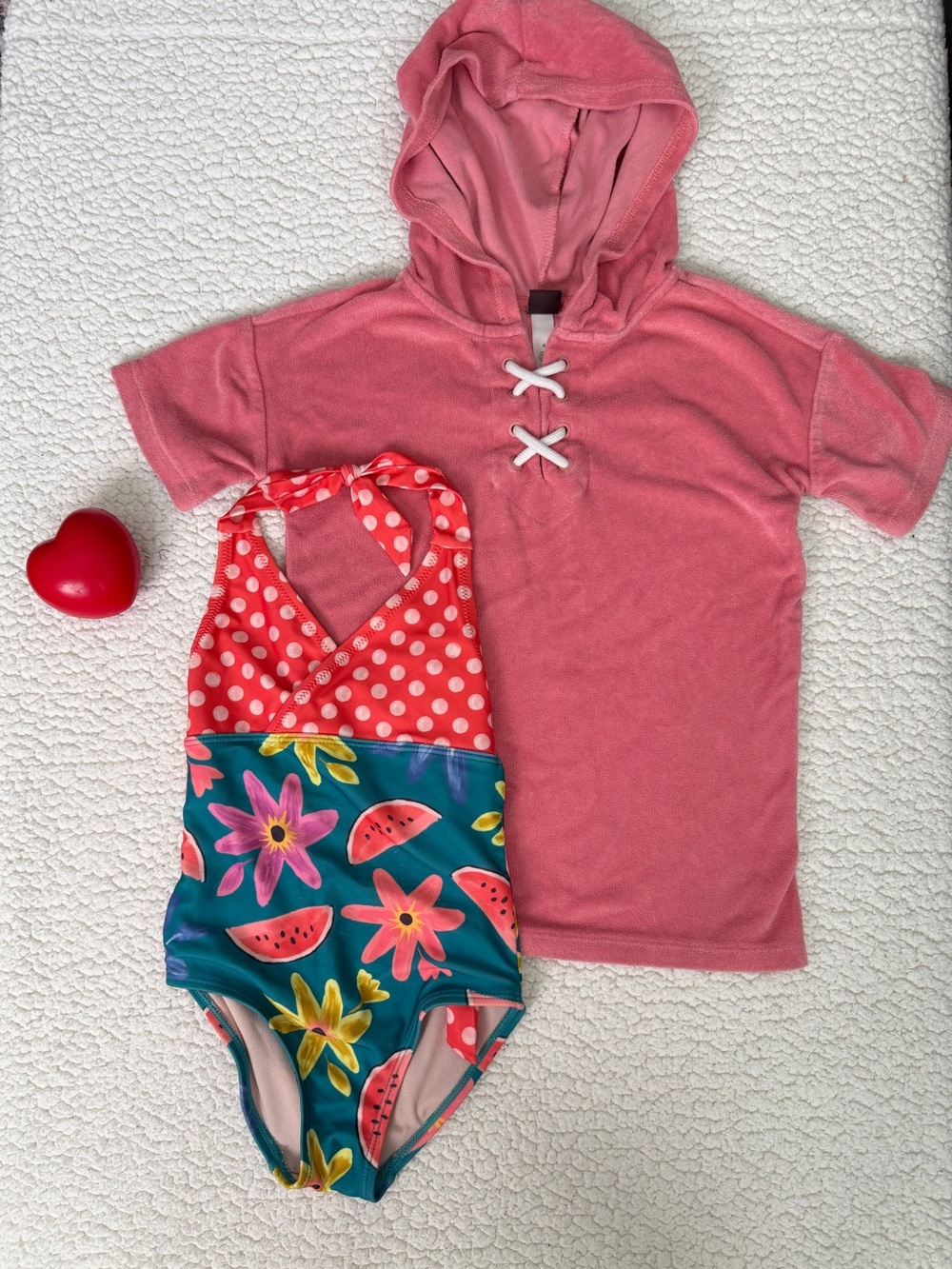 Tea Collection Pink Hooded Coverup with Teal Floral & Watermelon Swimsuit